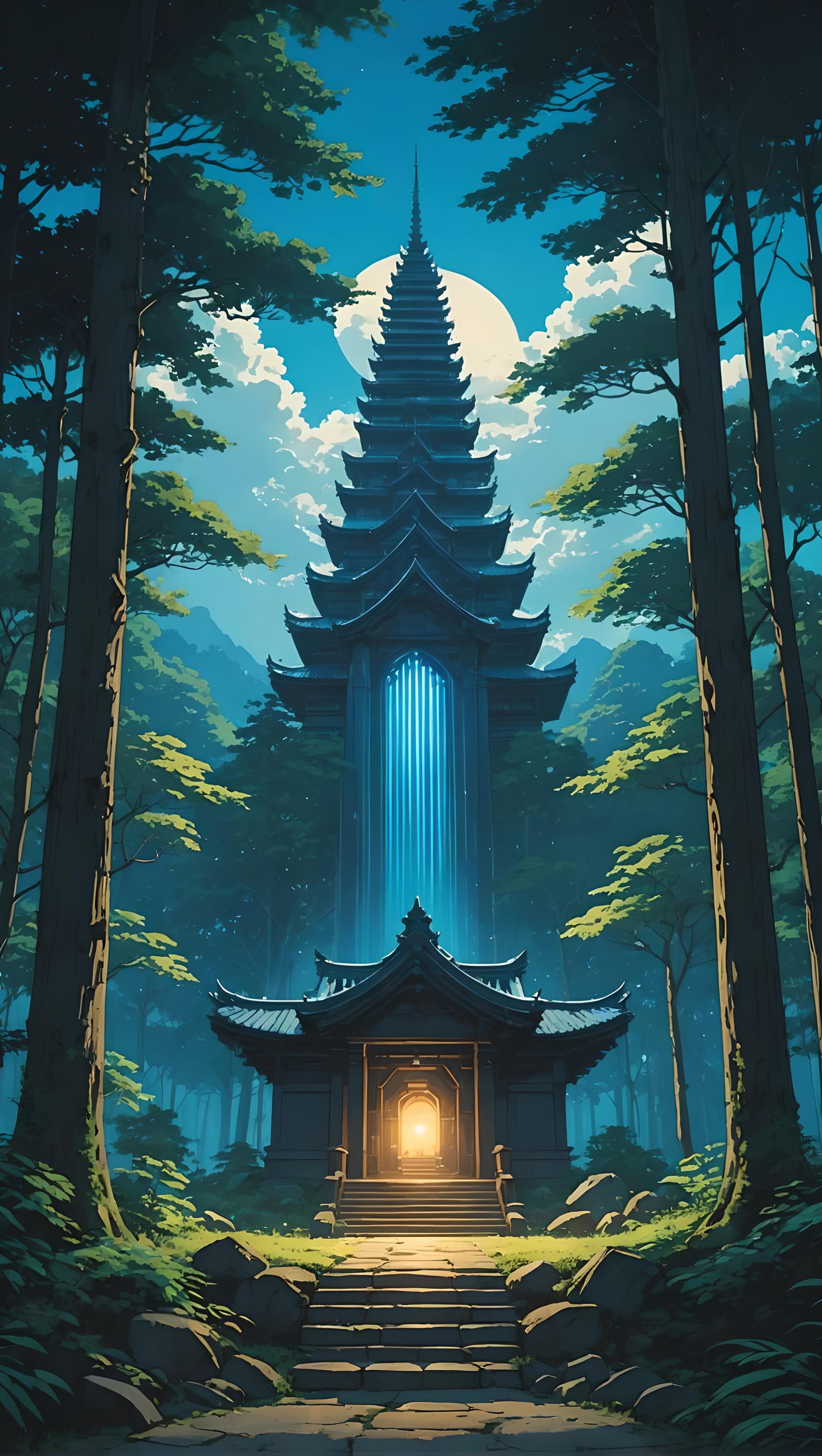 Glowing Forest Shrine in Anime Key Visual Style