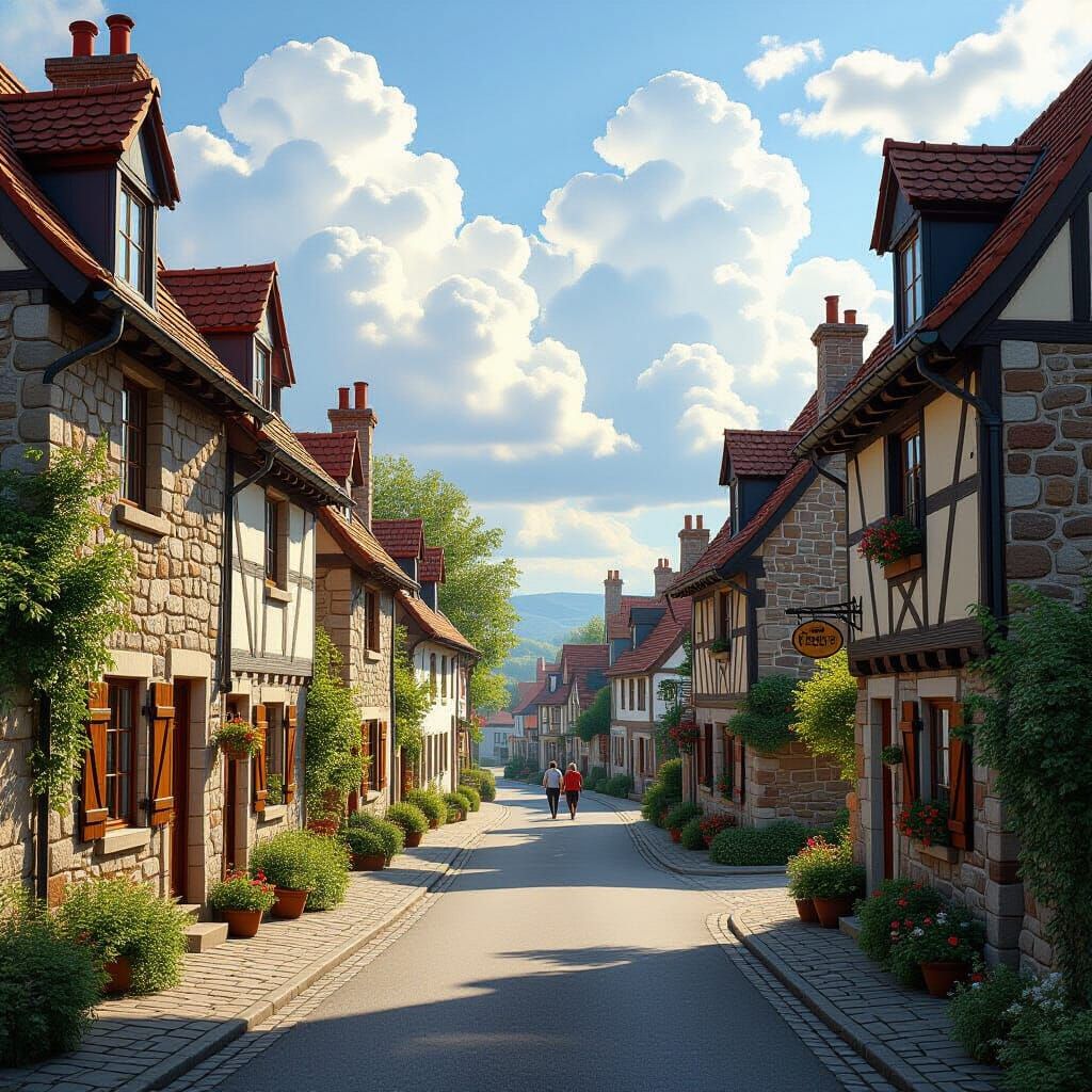 Peaceful Village Street with Puffy Clouds