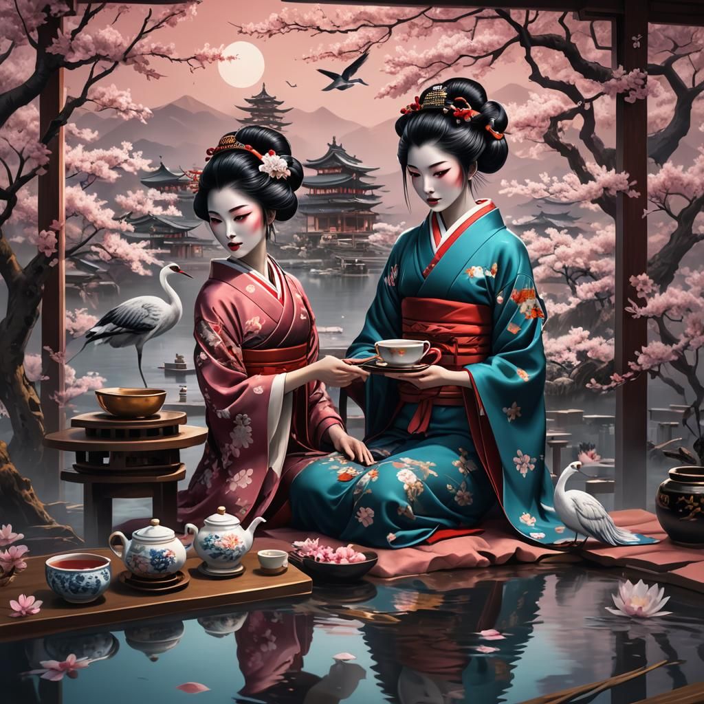 Geisha in Tea House with Crane Art, Detailed Painting