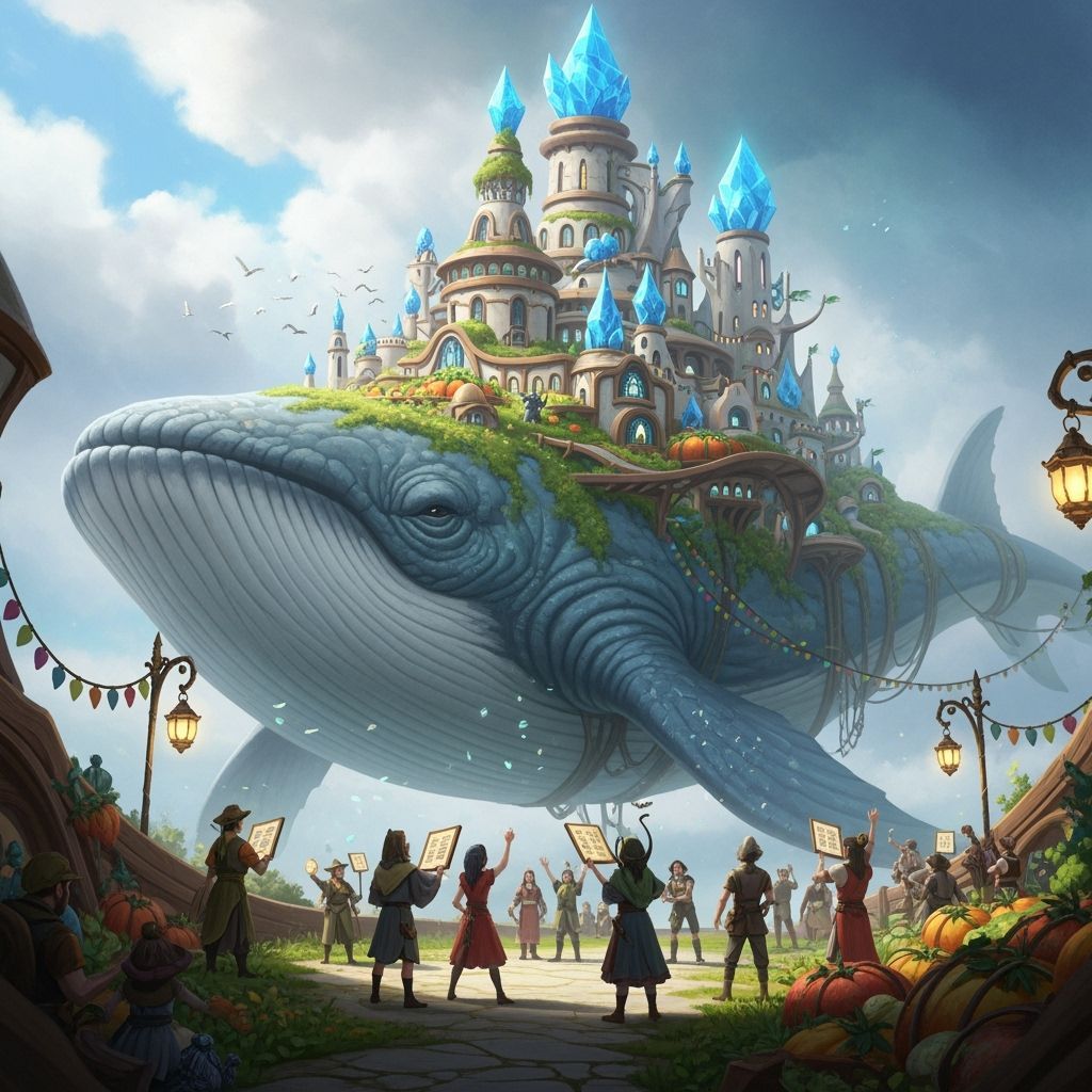 Enchanted City on Giant Sky-Whale, High Fantasy Art
