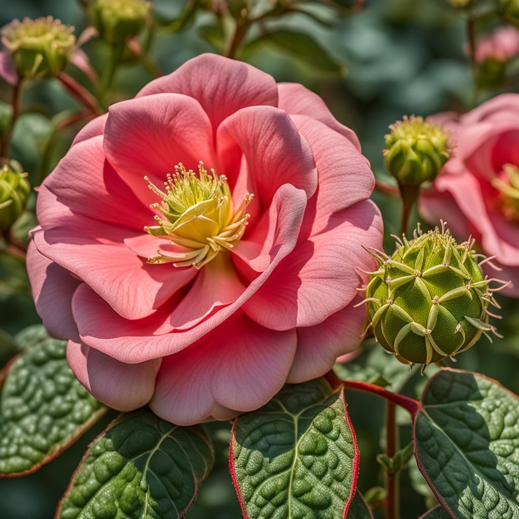 Hybrid Rose and Euphorbia Plant: Hyperrealistic Garden Close...