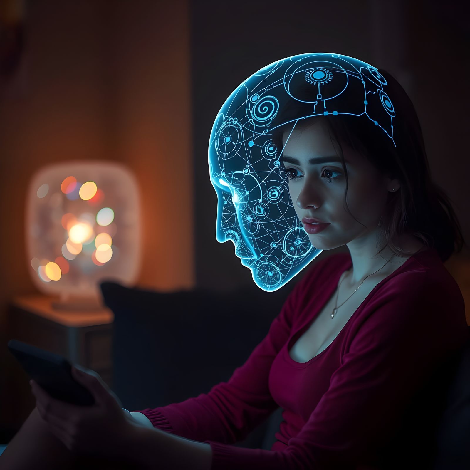 Woman Entranced by AI Hologram in Futuristic Setting