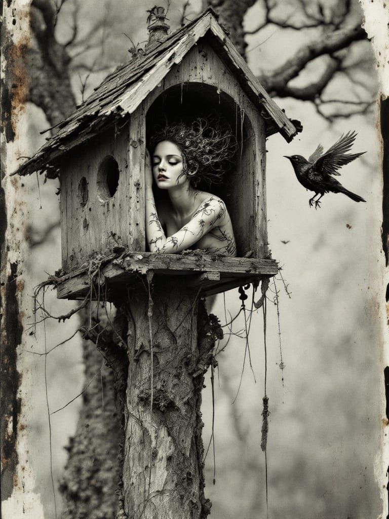 Surreal Woman in Birdhouse, Gothic Polaroid Style