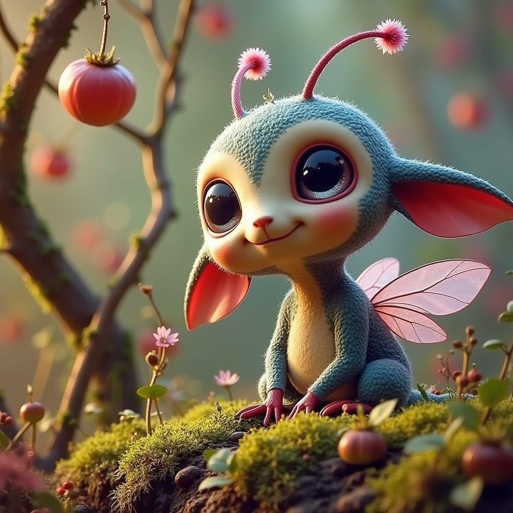 Whimsical Garden Critter with Oversized Eyes and Wings