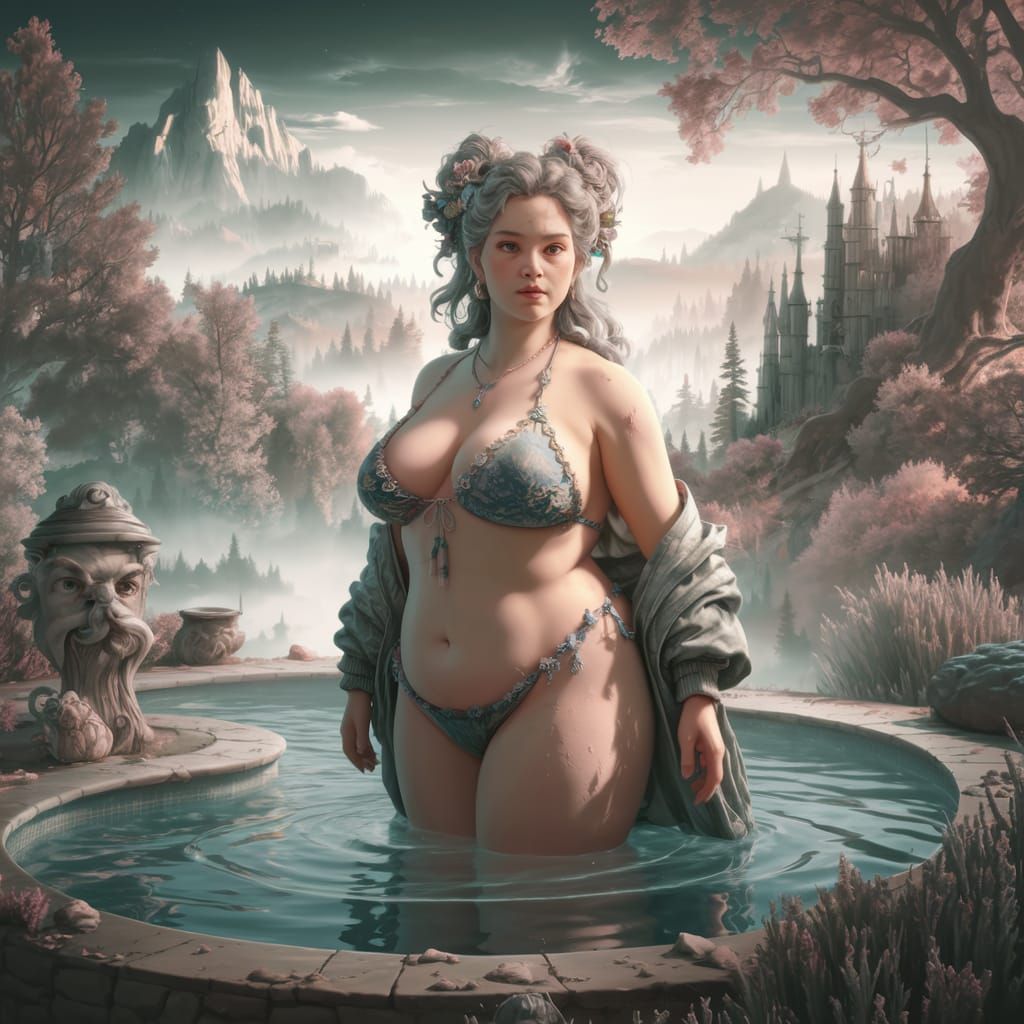Ethereal Fantasy Scene: Woman at Pool