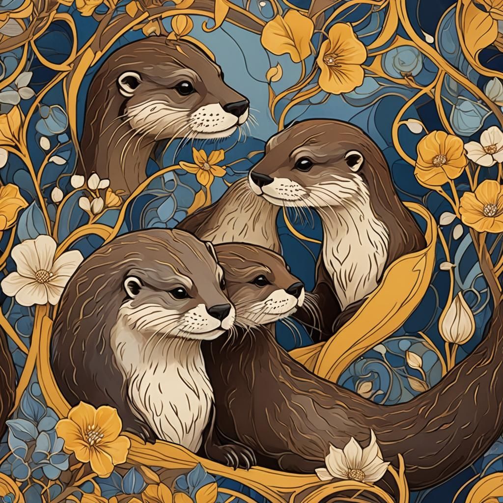 Art Nouveau Otters in Love with Baby