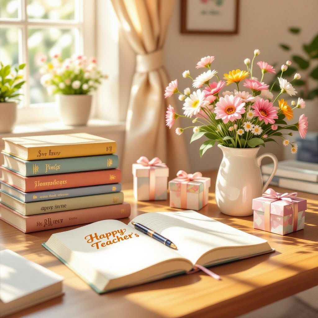 Cozy Teacher's Desk Flat Lay with Books and Gifts