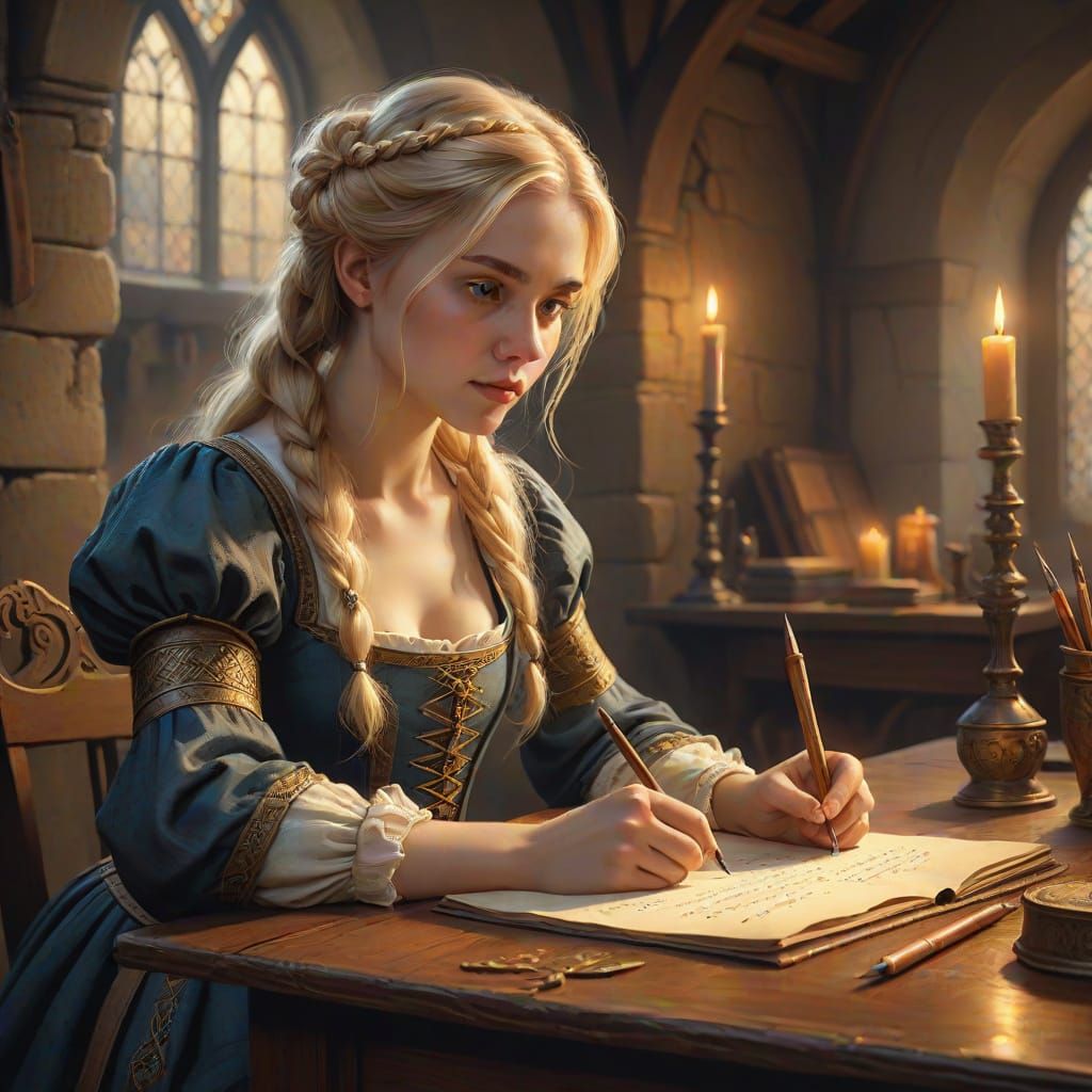 Medieval Maiden Writing with Quill: Digital Matte Painting