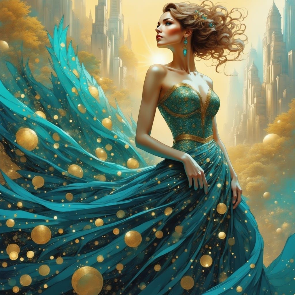 Elegant Woman in Iridescent Peacock Dress with Golden Accent...