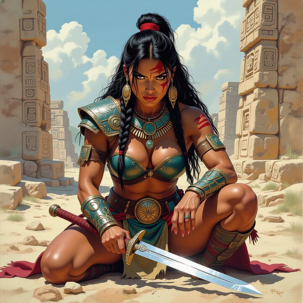 Aztec Warrior Sharpening Sword in Graphic Novel Style