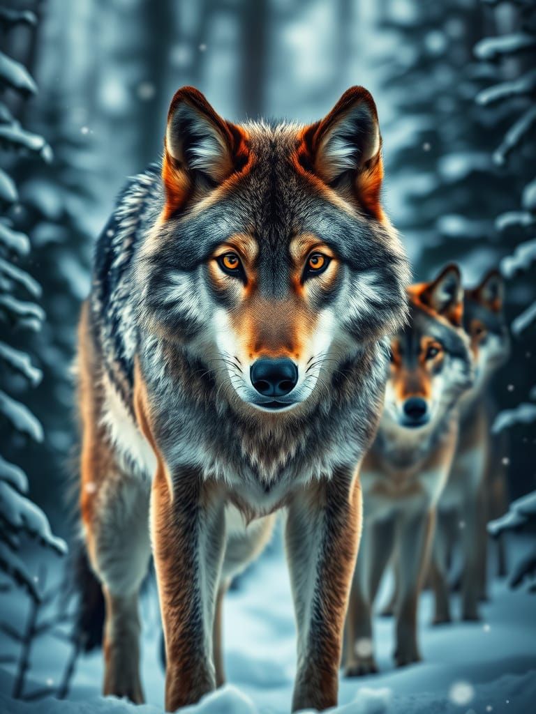Alpha Wolf Guards Pack in Snowy Forest