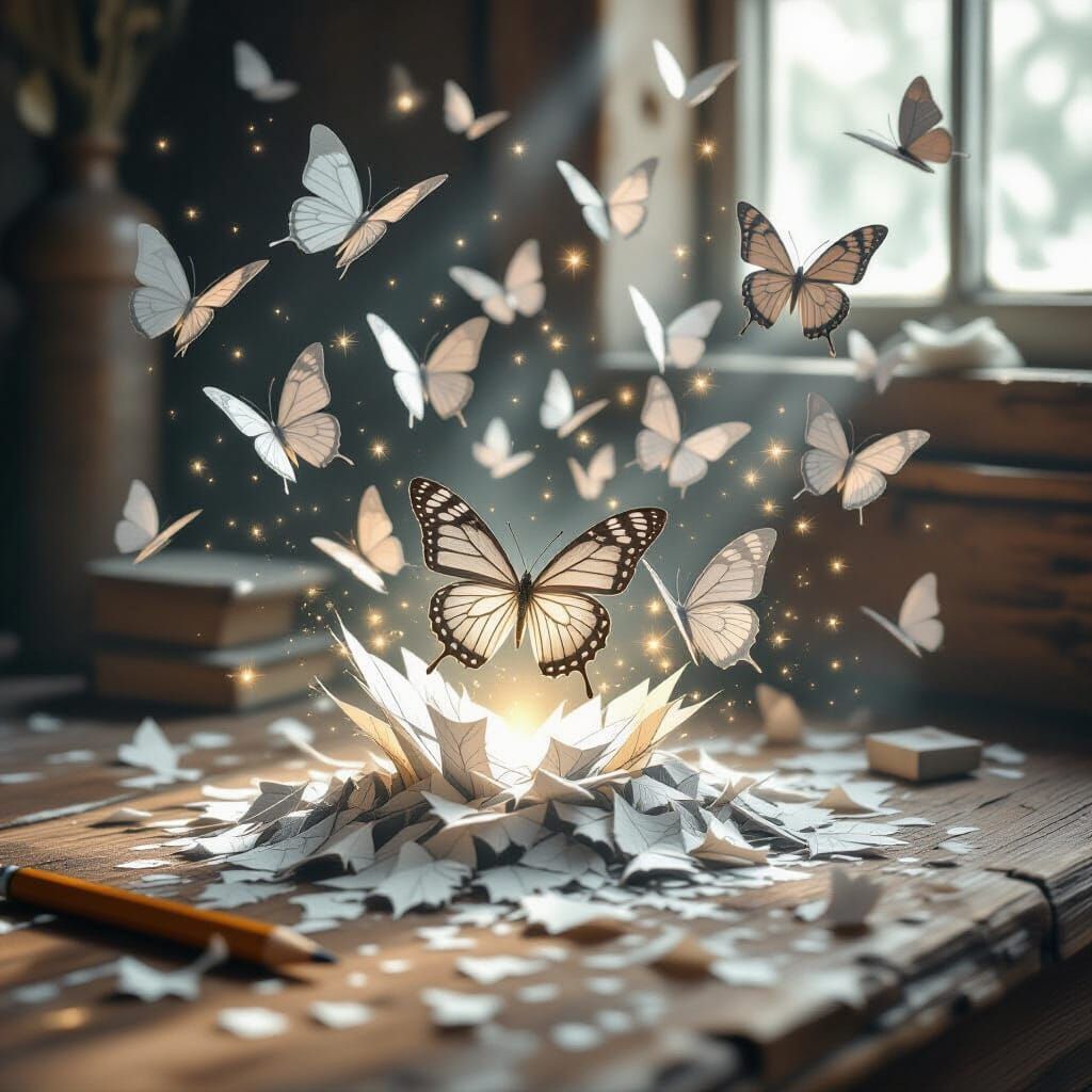 Butterflies Emerge From Pencil Shavings on Wooden Desk