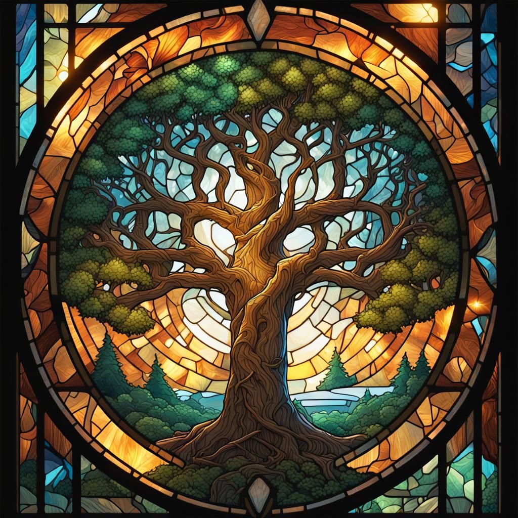 Stained Glass Yggdrasil in Mystical Forest, Comic Art
