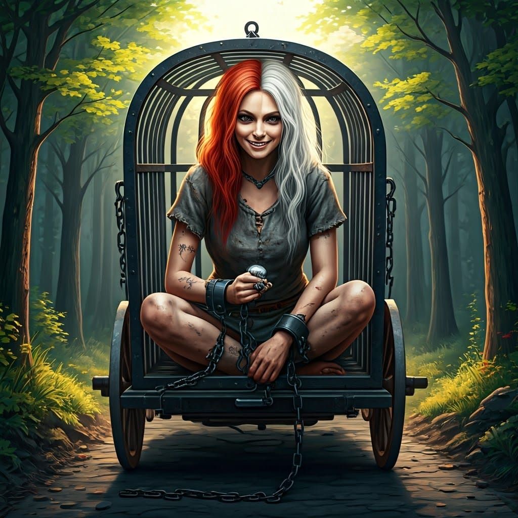 Medieval Prisoner with Mischievous Smile in Iron Cage