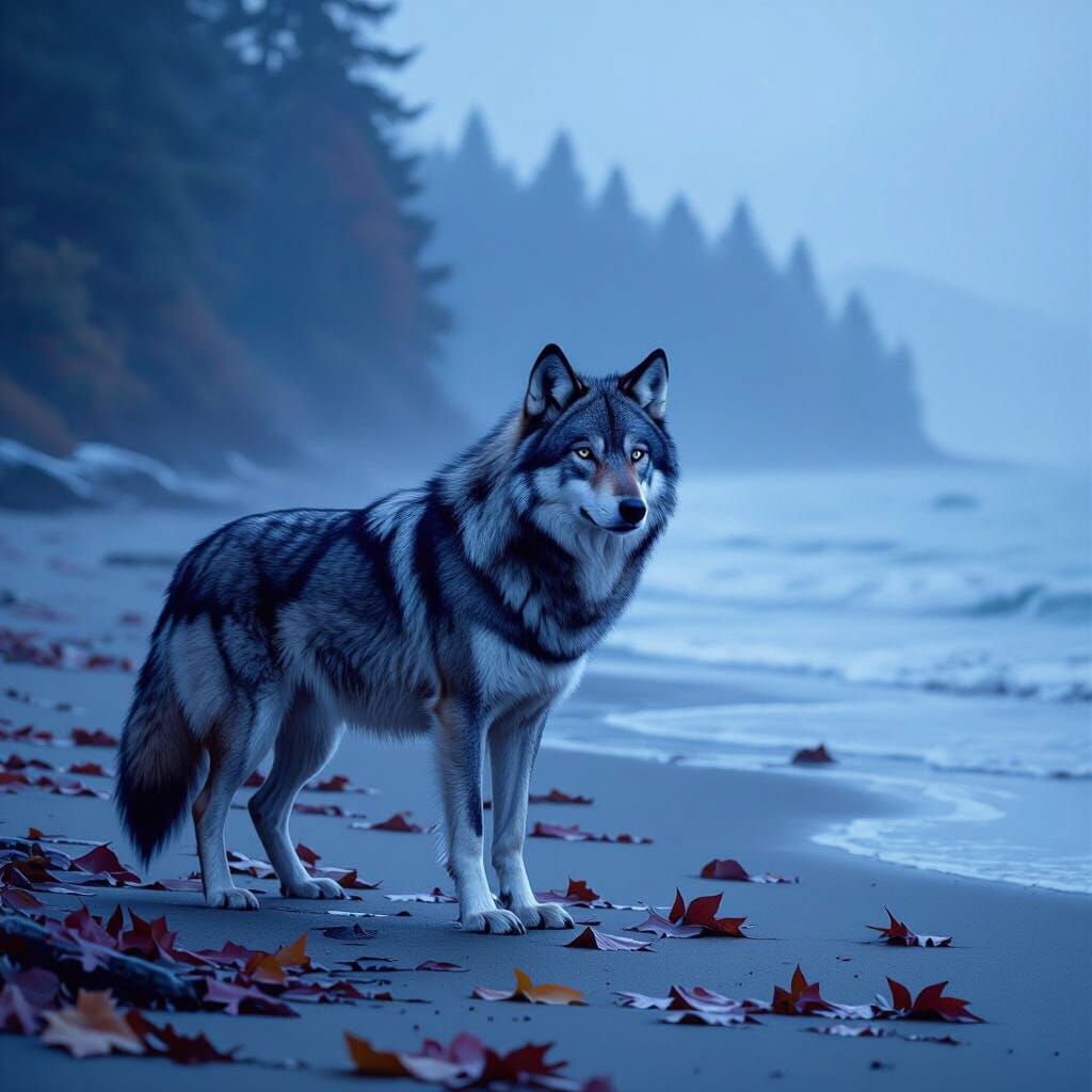 Wolf on Misty Beach in Surrealist Pop Style