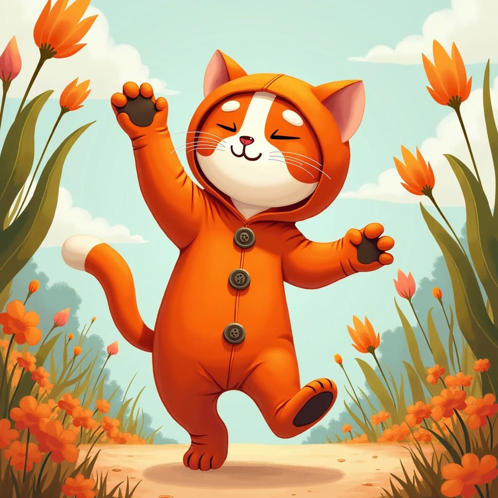Vibrant Whimsy: Cat in Colorful Pandasuit Dances