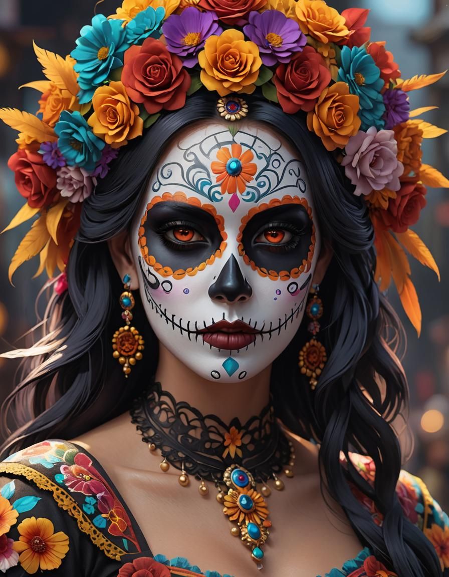 Woman with Día de los Muertos Face Paint in Anime Art