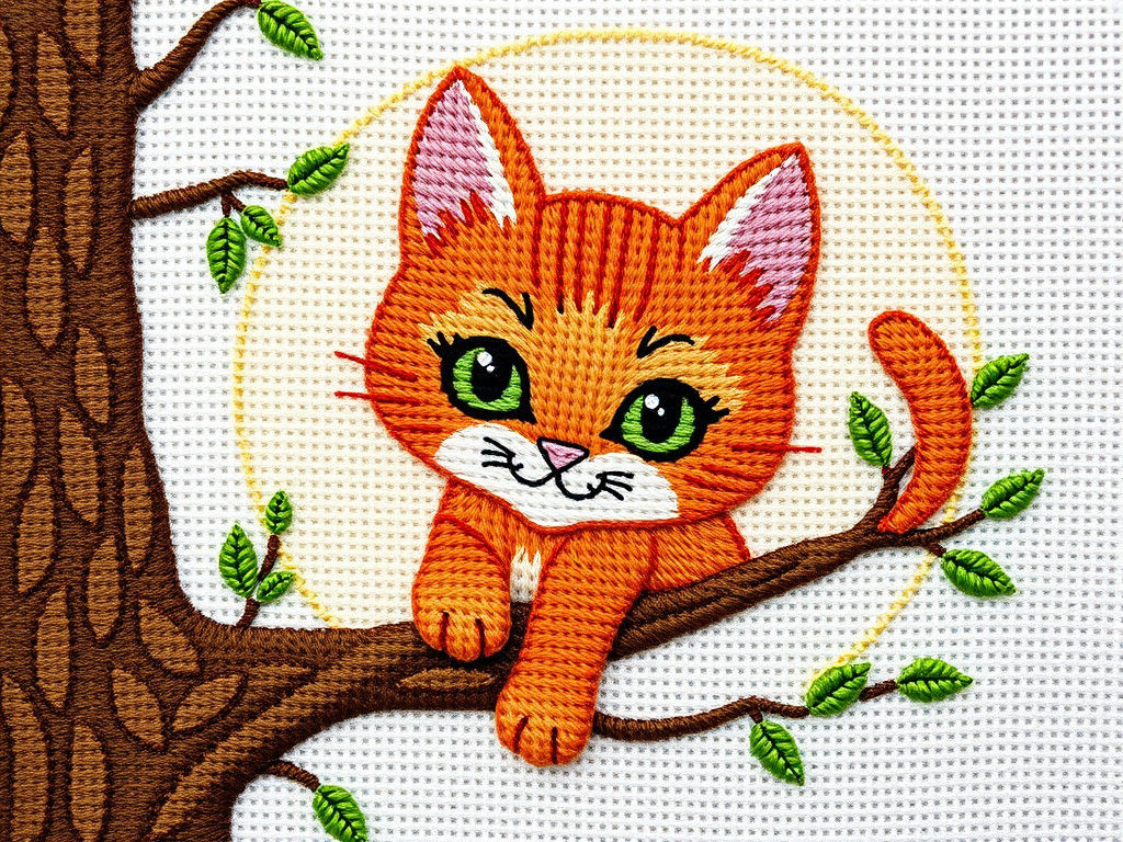 Whimsical Cross-Stitch Ginger Cat in Tree