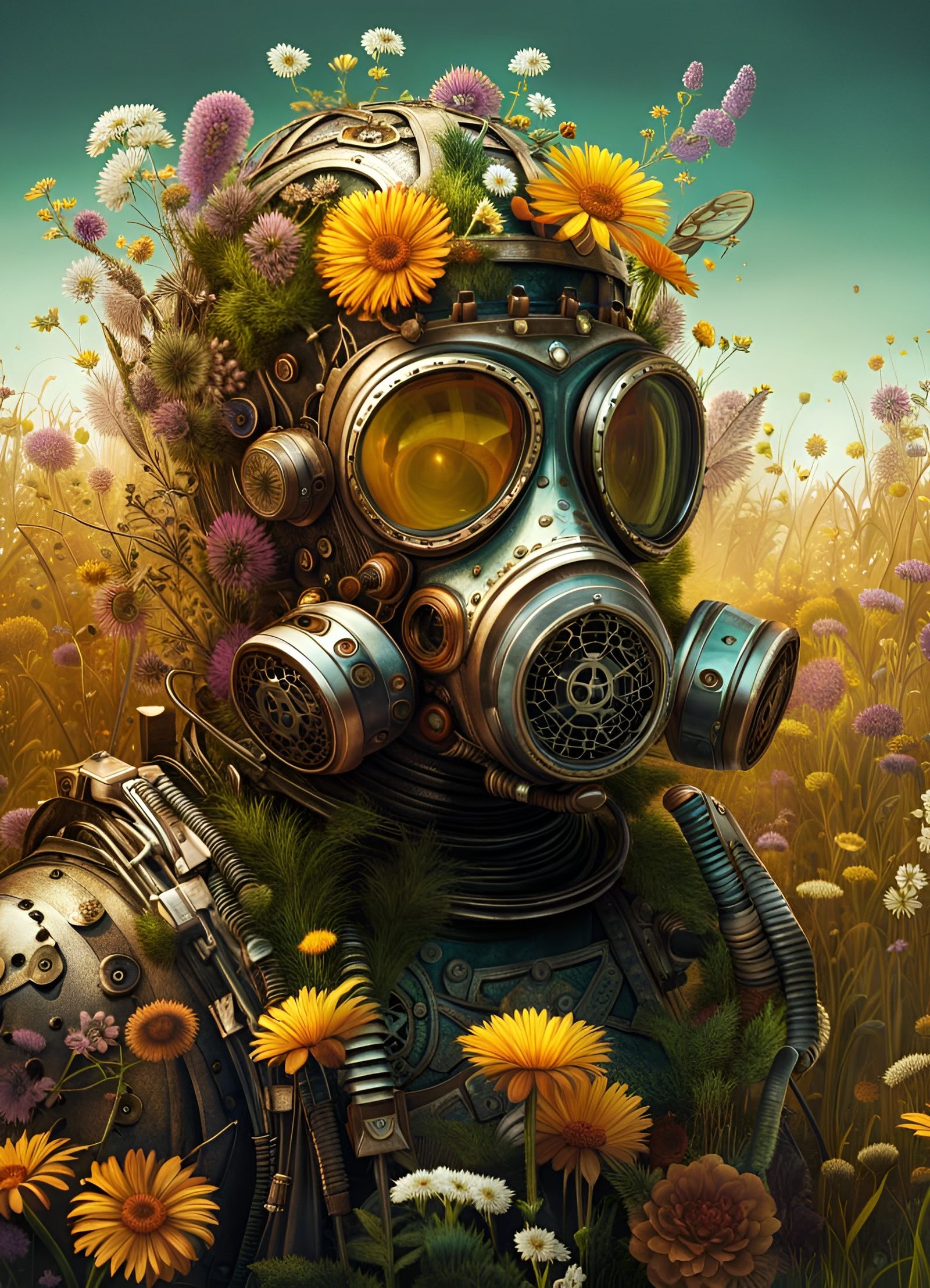 Steampunk Floral Man with Gas Mask: Digital Art