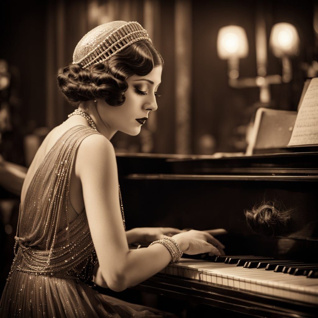 Sad 1920s Beauty at Piano in Sepia Photograph