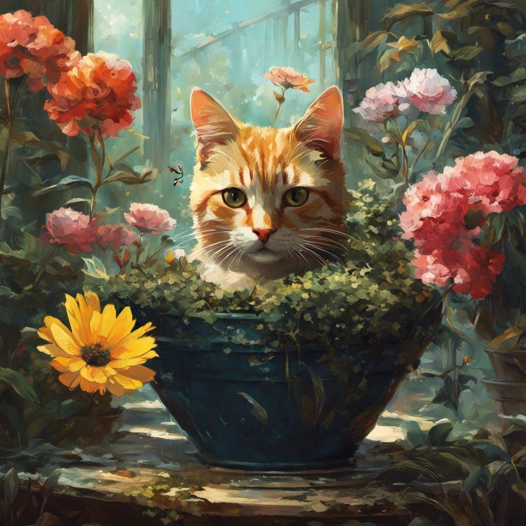Cat in Flowerpot: Detailed Digital Art