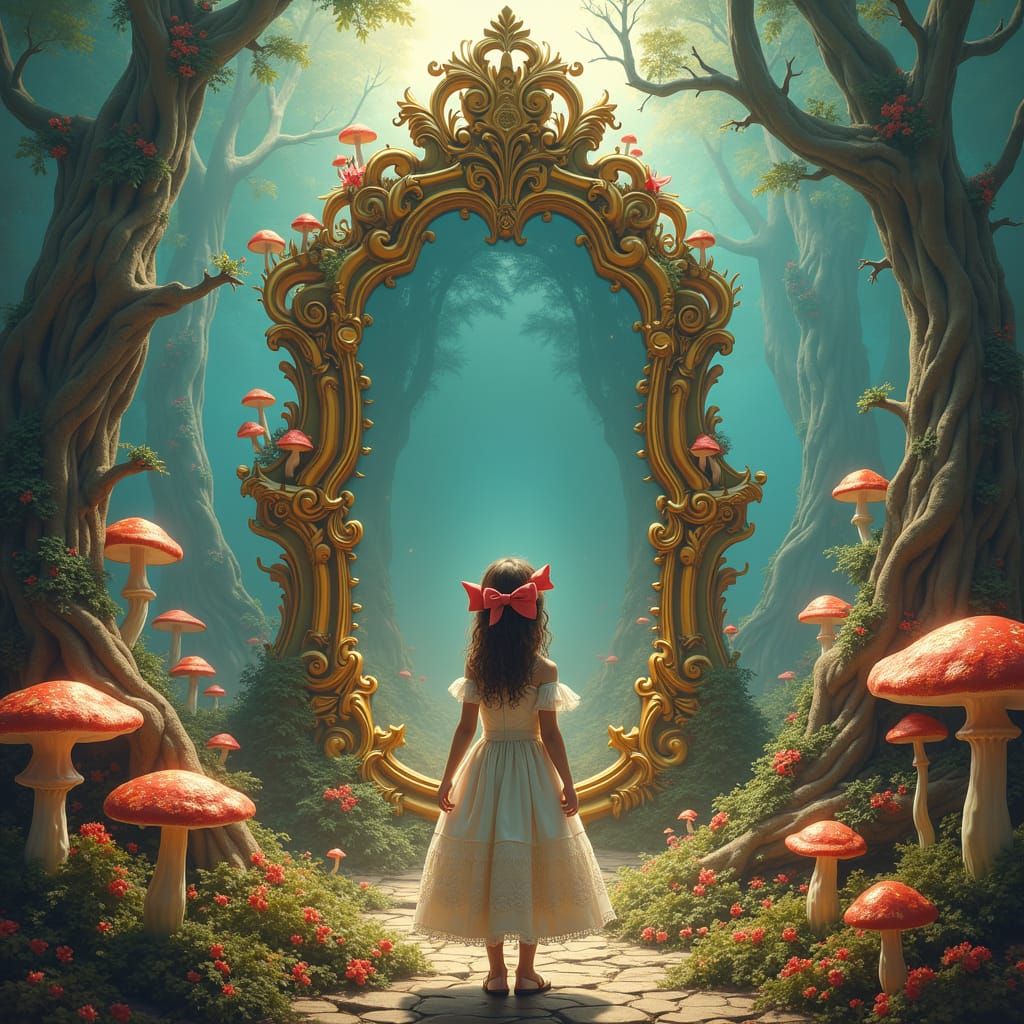 Girl in Dreamscape with Mirror, in Surrealist Style