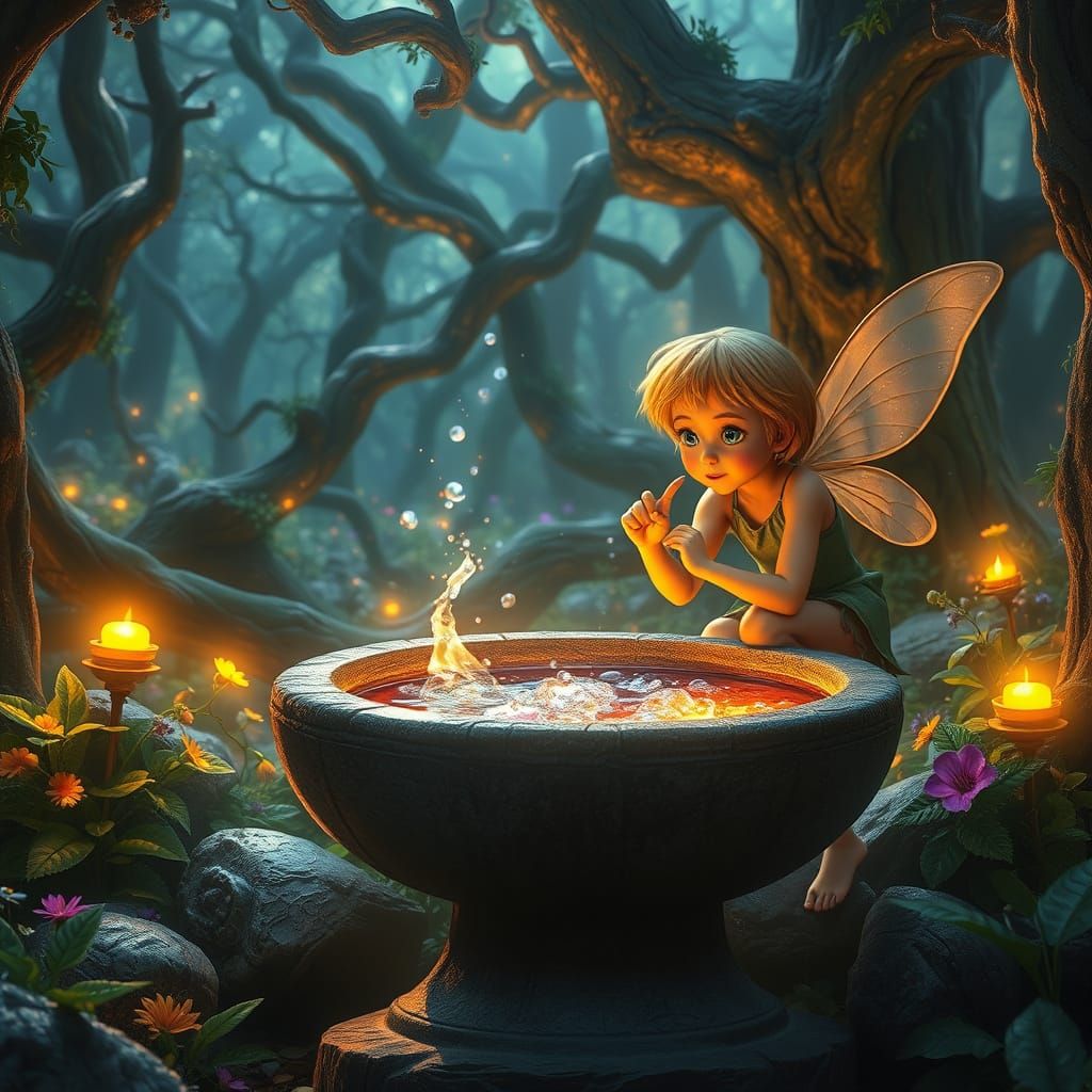 Mystical Forest Glade with Shimmering Potion and Playful Fai...