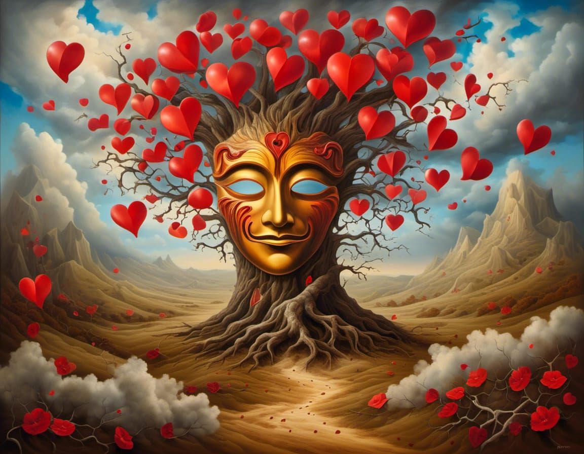 Mask and Tree in Surreal Landscape, Oil Painting