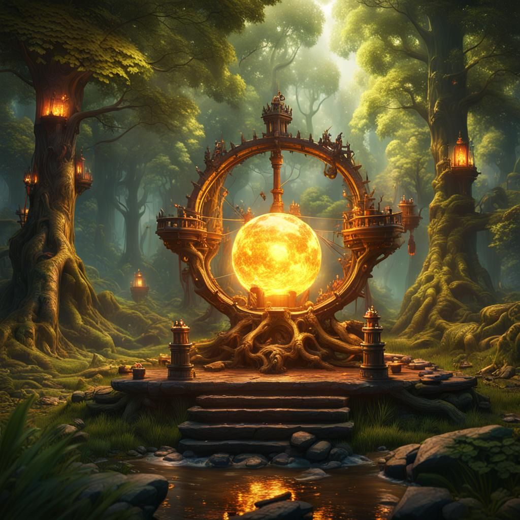 Golden Catapult Fires Crystal Orbs into Spring Forest