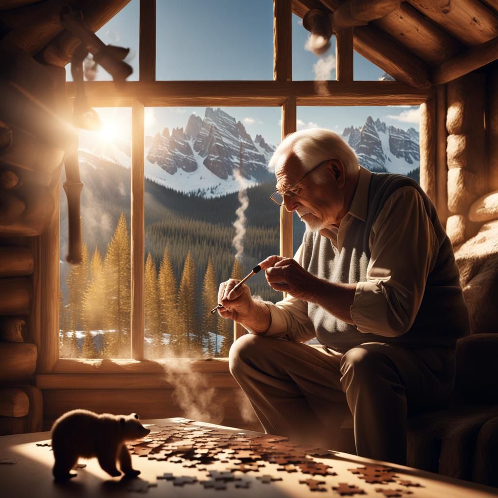 Serene Cabin Scene: Man, Puzzle, Bear, Mountains