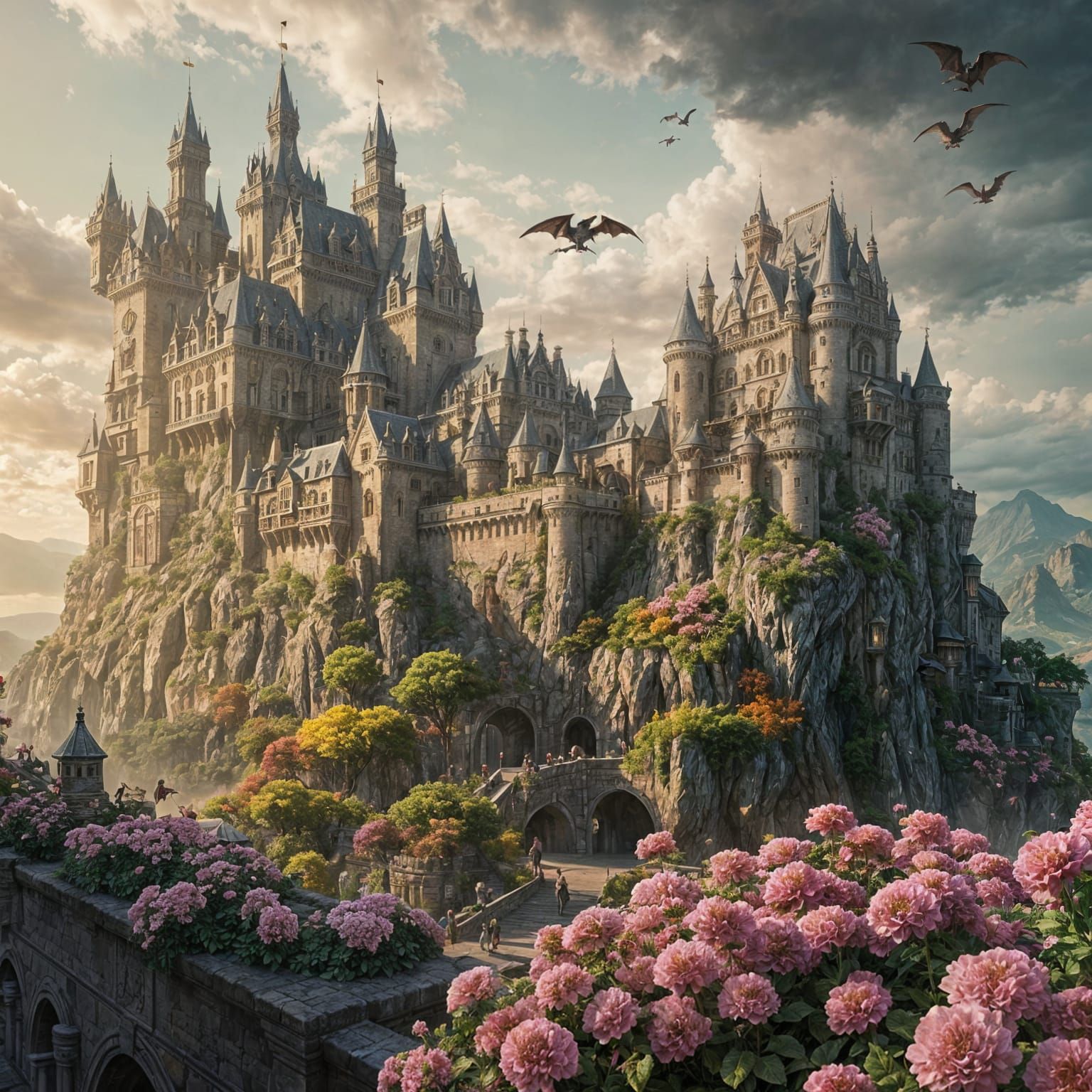 Dragons Guarding Castle Balcony with Flowers