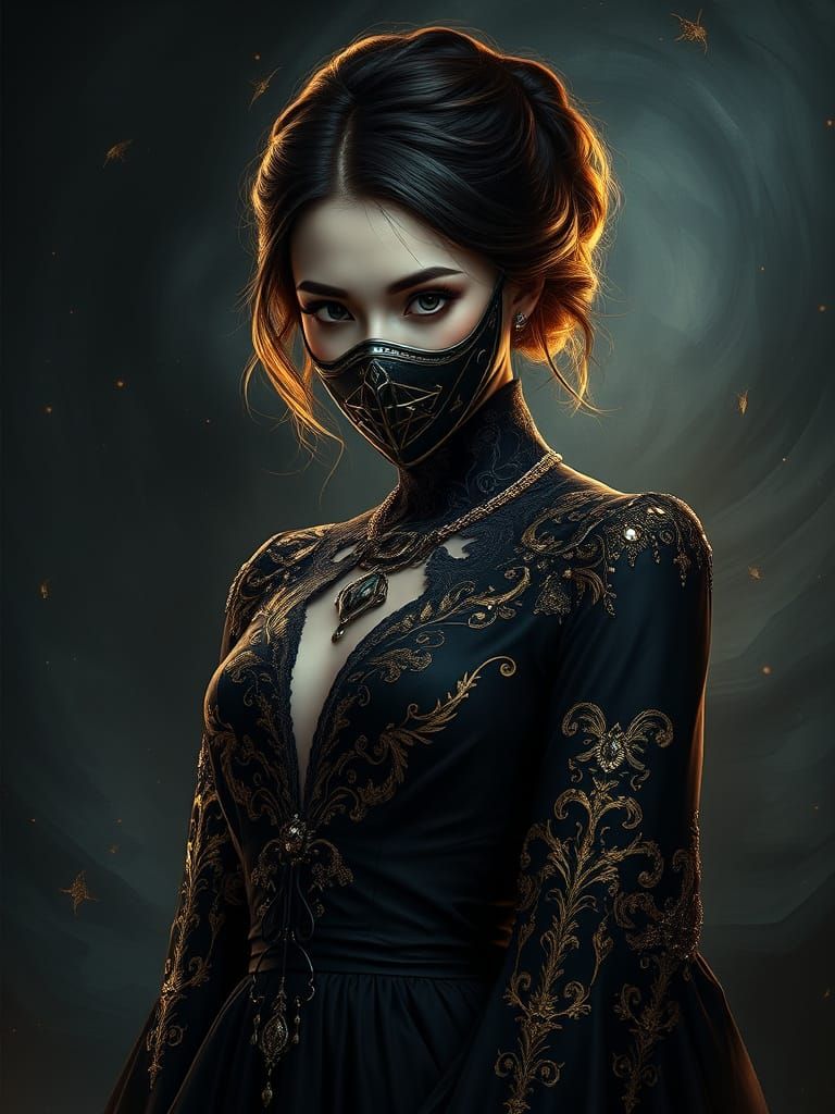 Ethereal Woman in Luxurious Gown with Intricate Mask