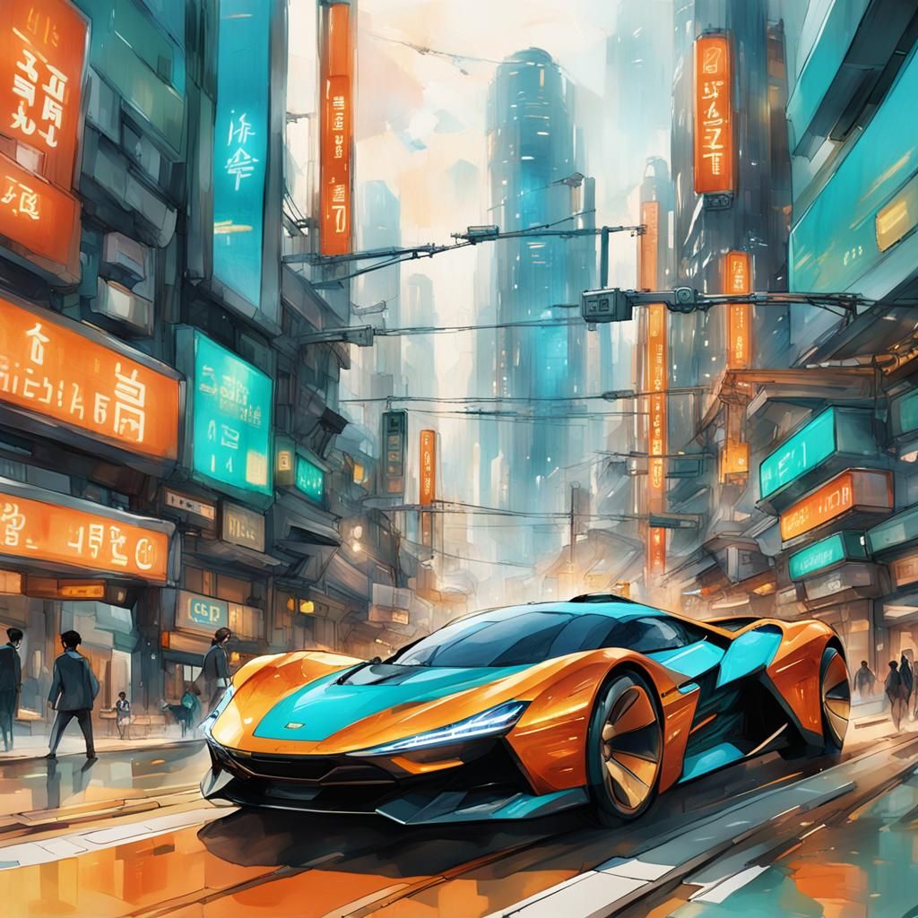 Futuristic Vehicle Speeds Through Seoul in Warm Hues