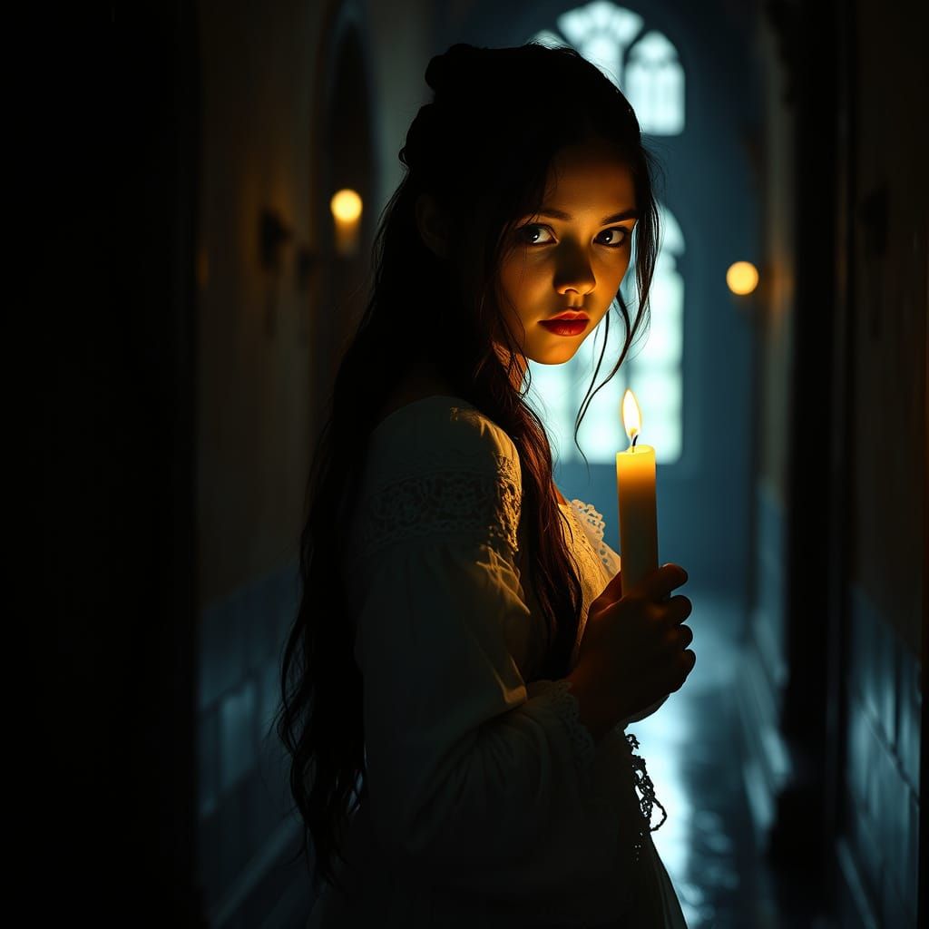 Elegant Girl in Dark Castle Hallway, with Candlelight and Sh...