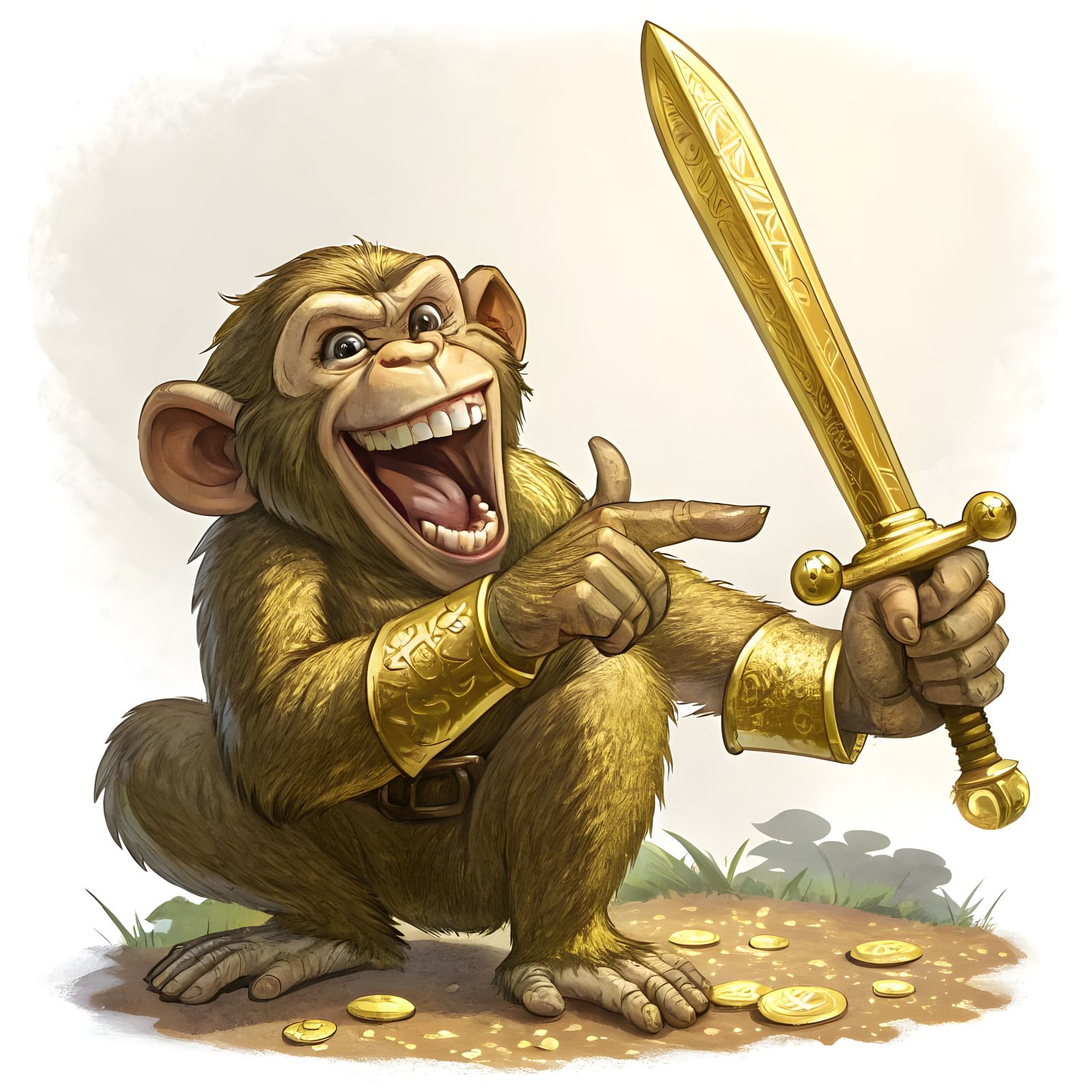 Golden Monkey Wields Sword in Joyful Gesture