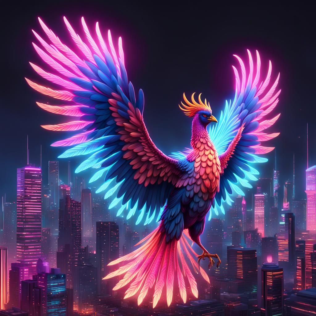 Cyberpunk Phoenix Soaring Over Neon Cityscape