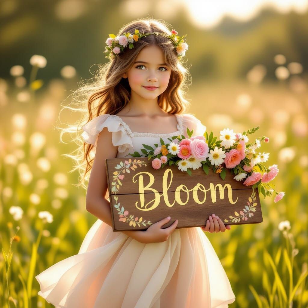 Girl in Meadow with Flowers, Art Nouveau Style