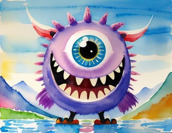 Smiling One-Eyed Creature in Watercolor Style