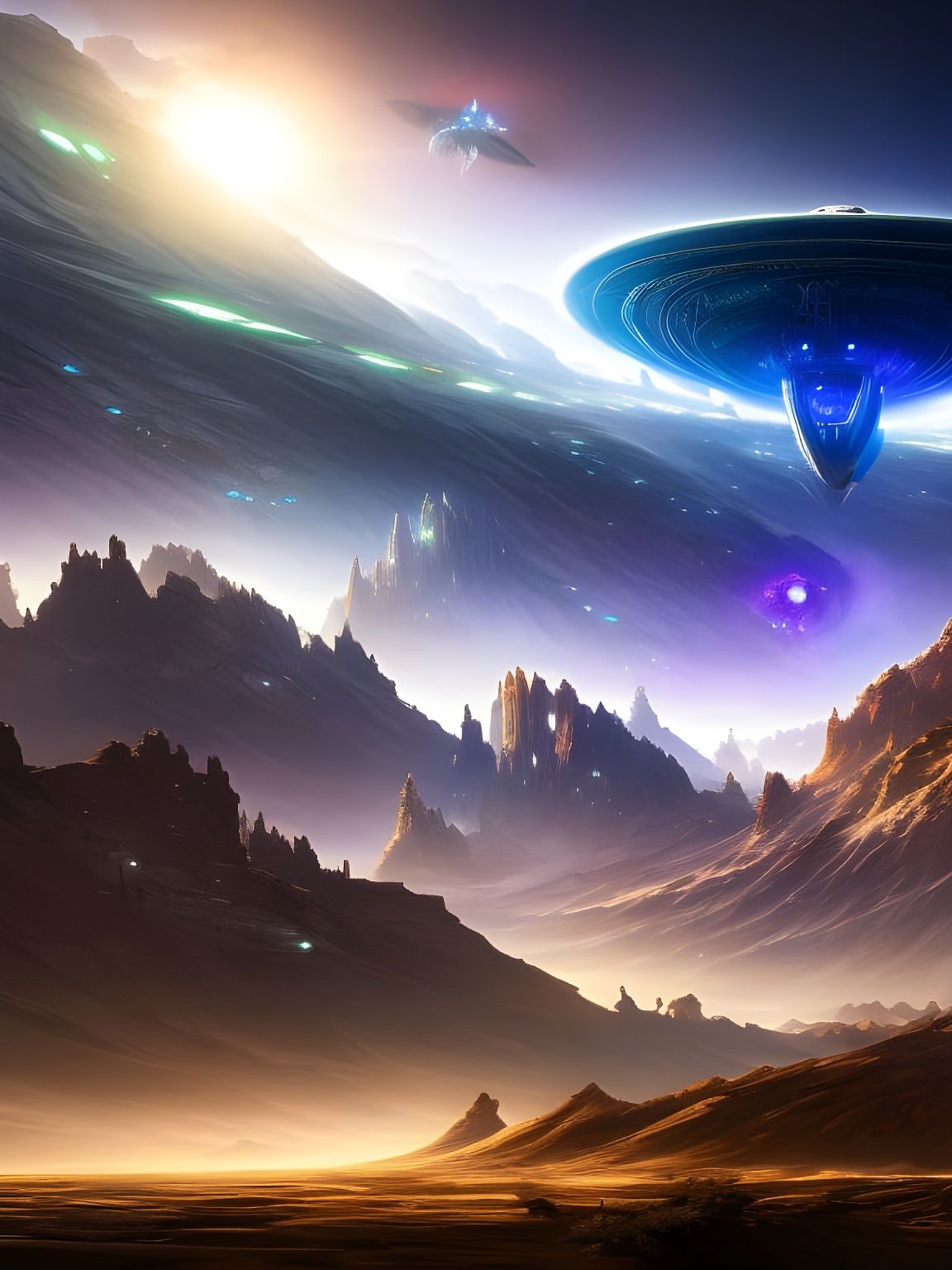 Sci-Fi UFO Abduction Over Midnight Desert Landscape