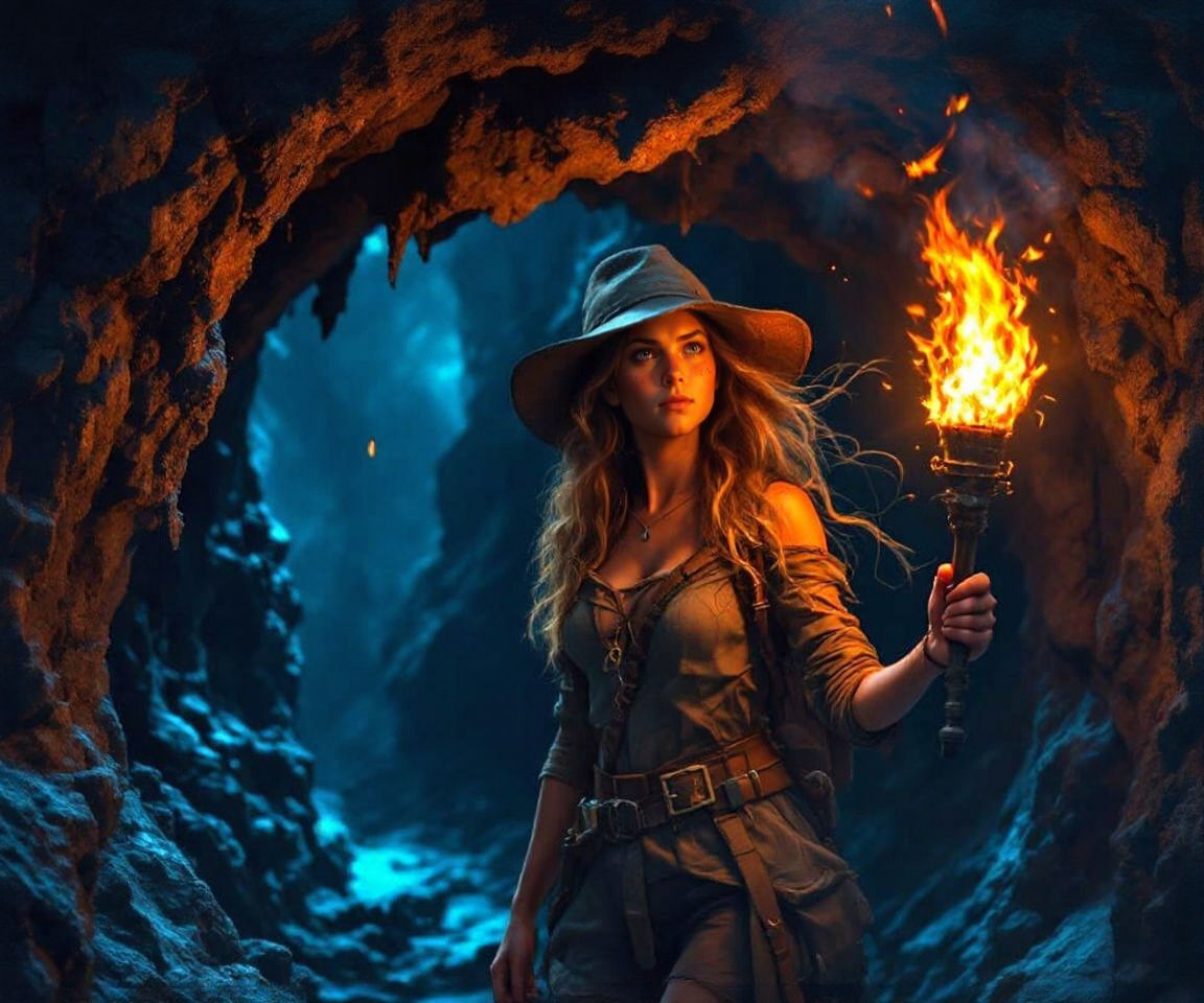 Brave Explorer Enters Mysterious Cave With Torch