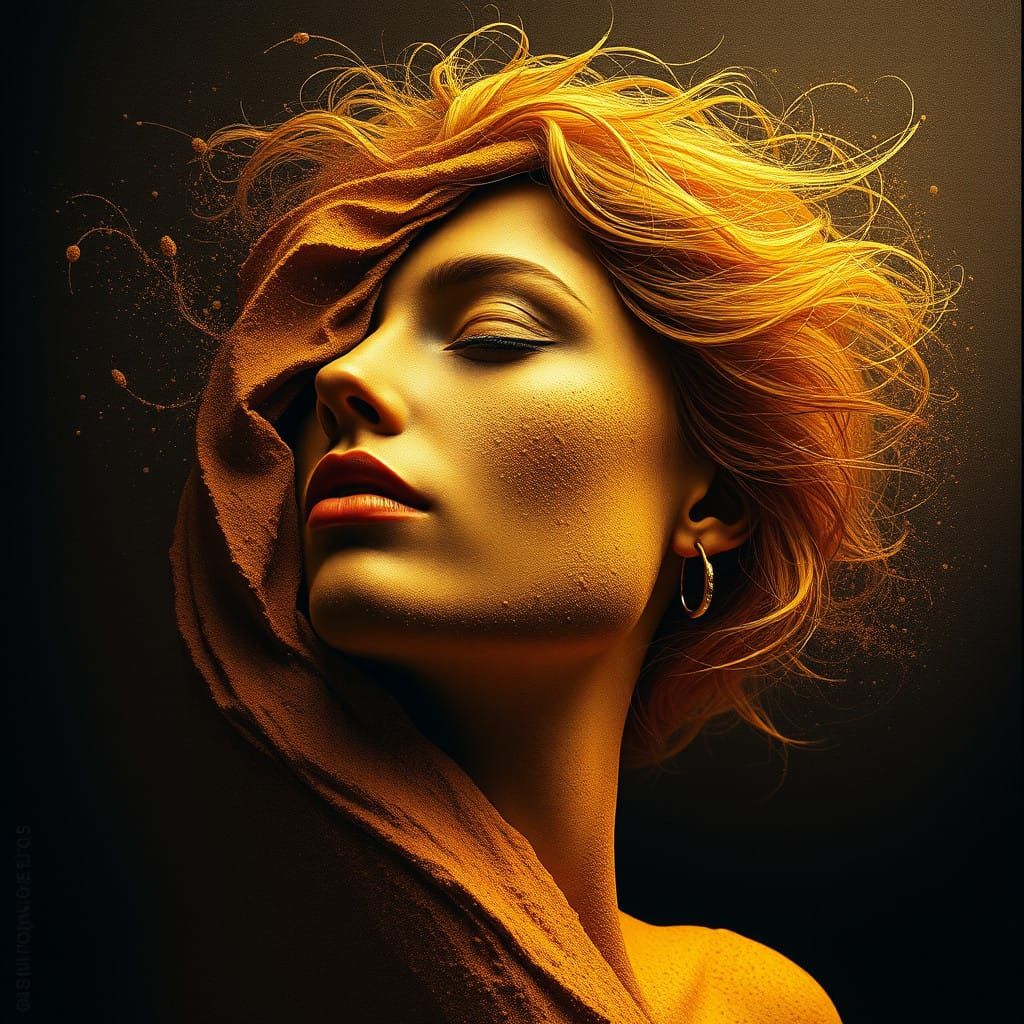 A Woman Rises from Golden Sand in Surreal, Dreamlike Abstrac...