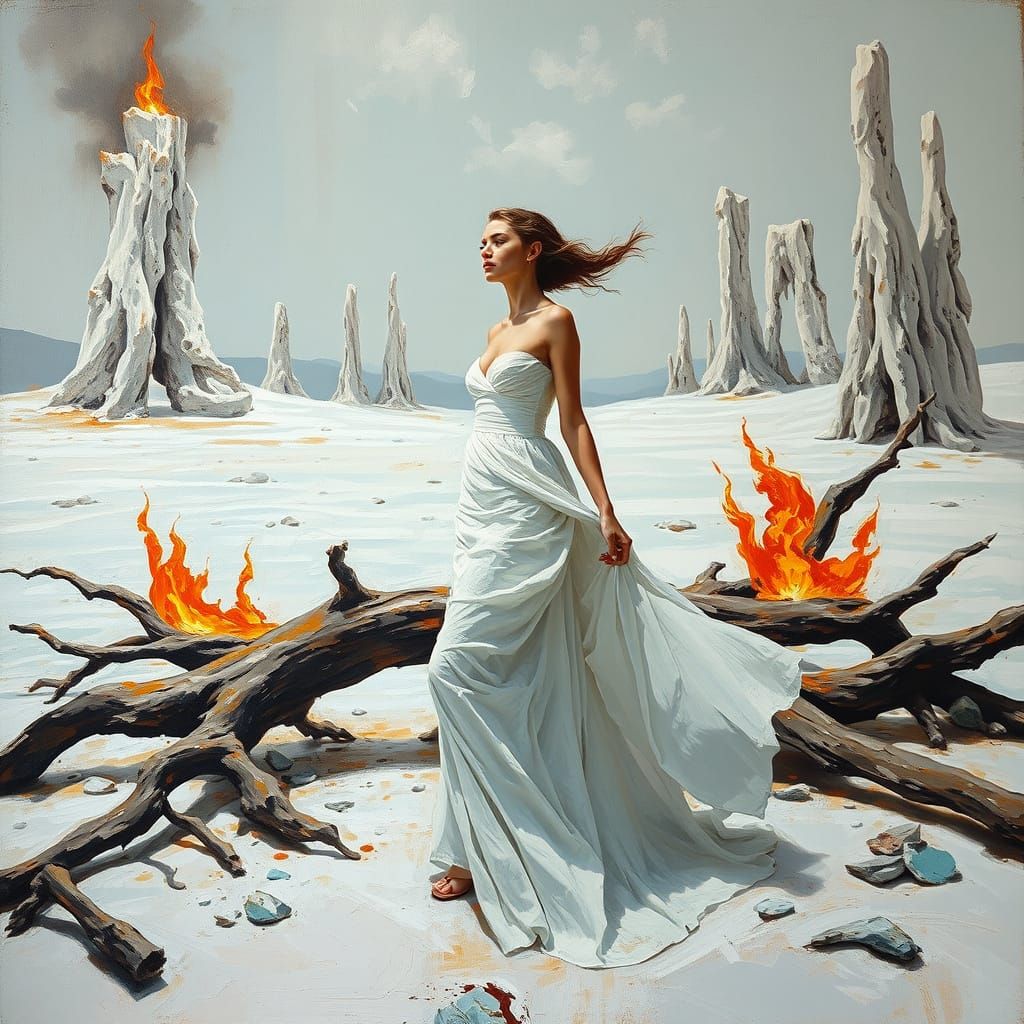 Surreal White Desert Landscape in Cubist Style