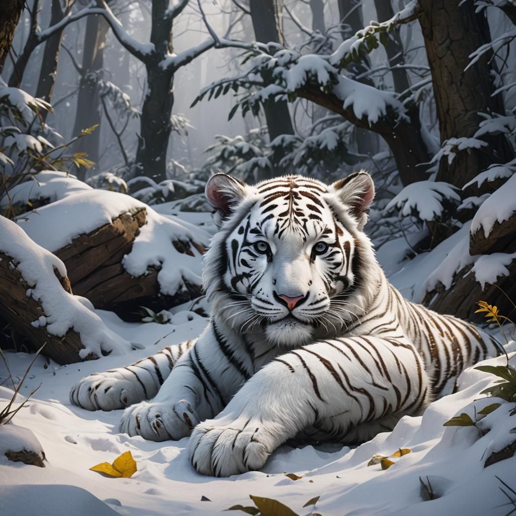 Resting White Tiger Cub in Dark Fantasy Style