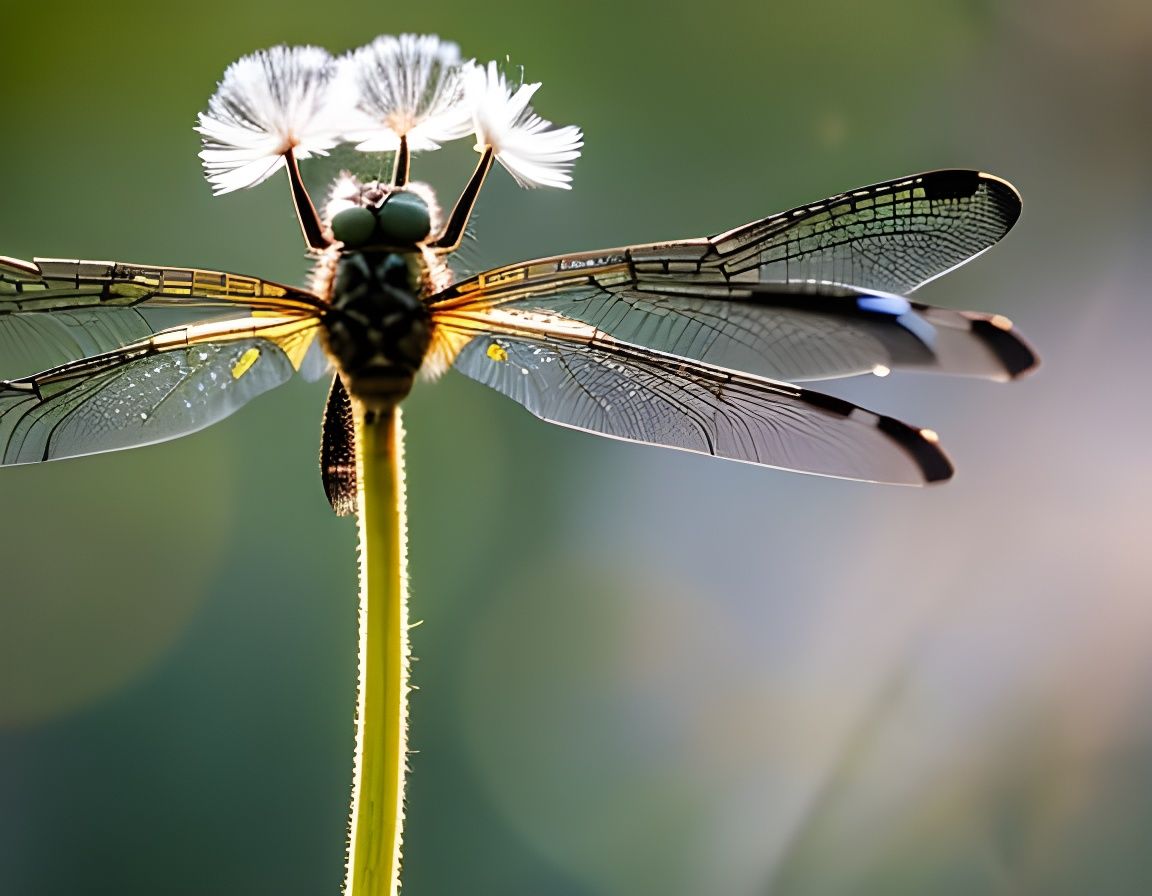 Fluffy Dragonfly on Dandelion in Golden Hour