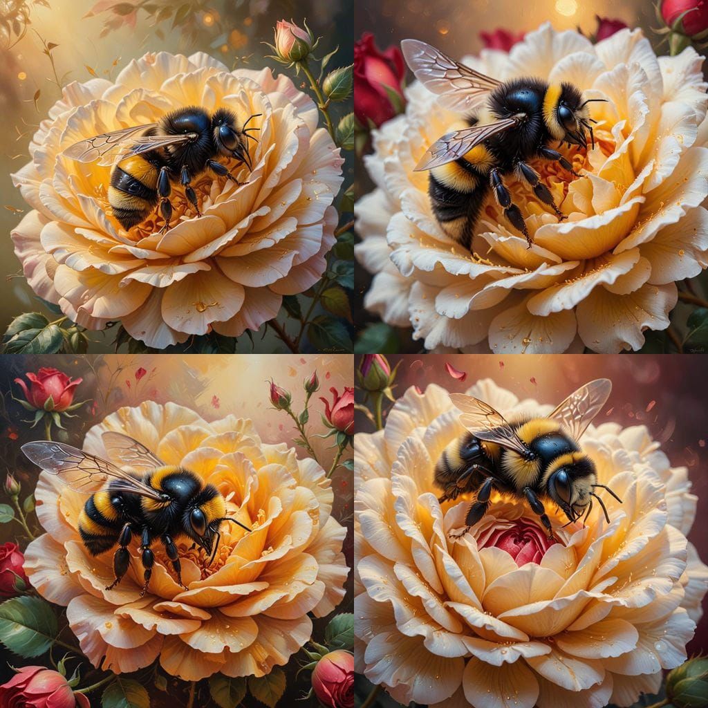 Sleepy Bumblebee Resting on a Rose as Oil Painting