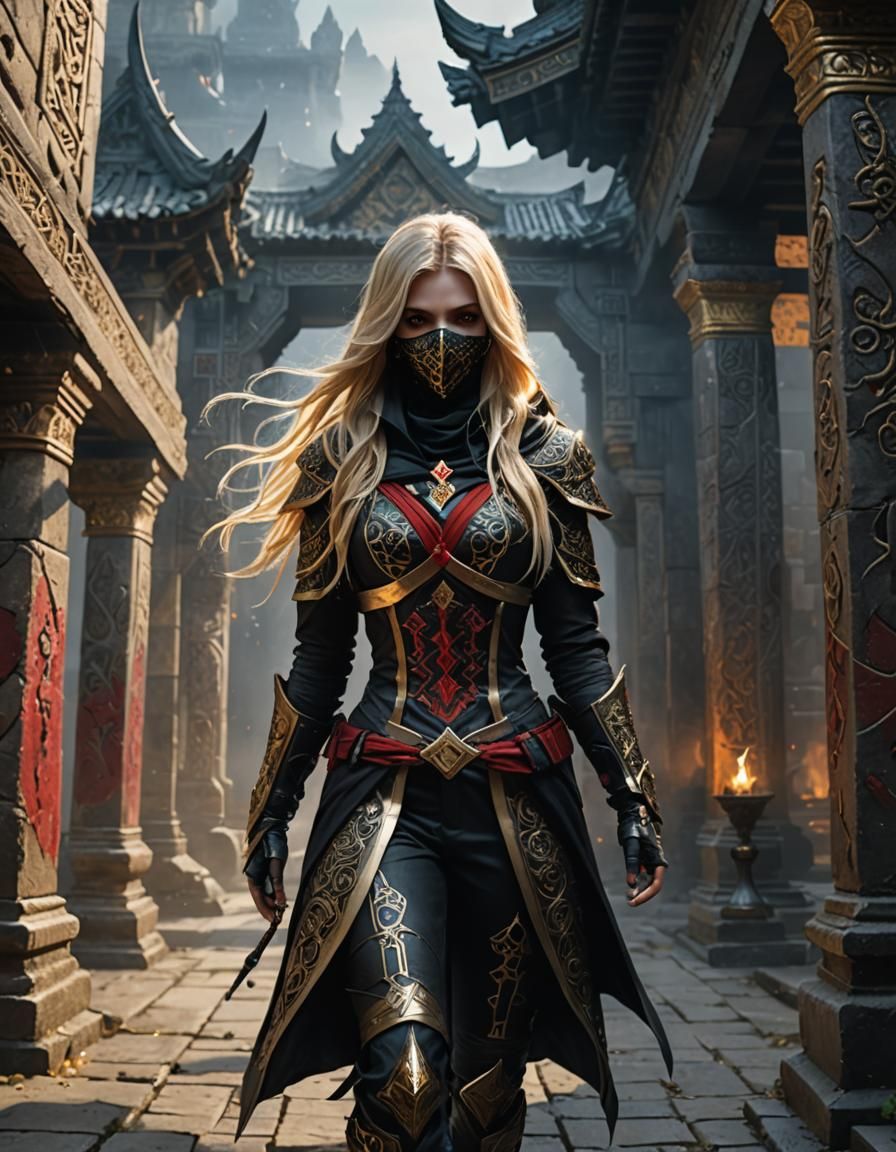 Blonde Assassin in Ancient Stone Temple: Fantasy Art
