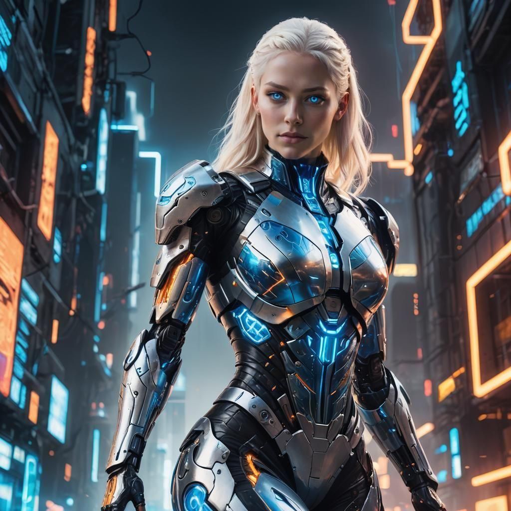 Cyborg Woman with Platinum Hair in Futuristic Outfit