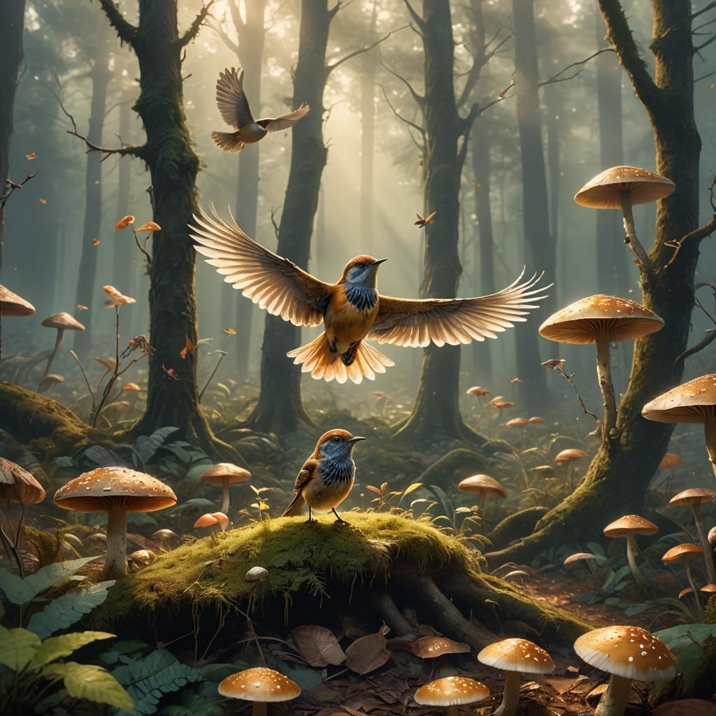 Broken Wing Bird in Forest, Art Nouveau Style