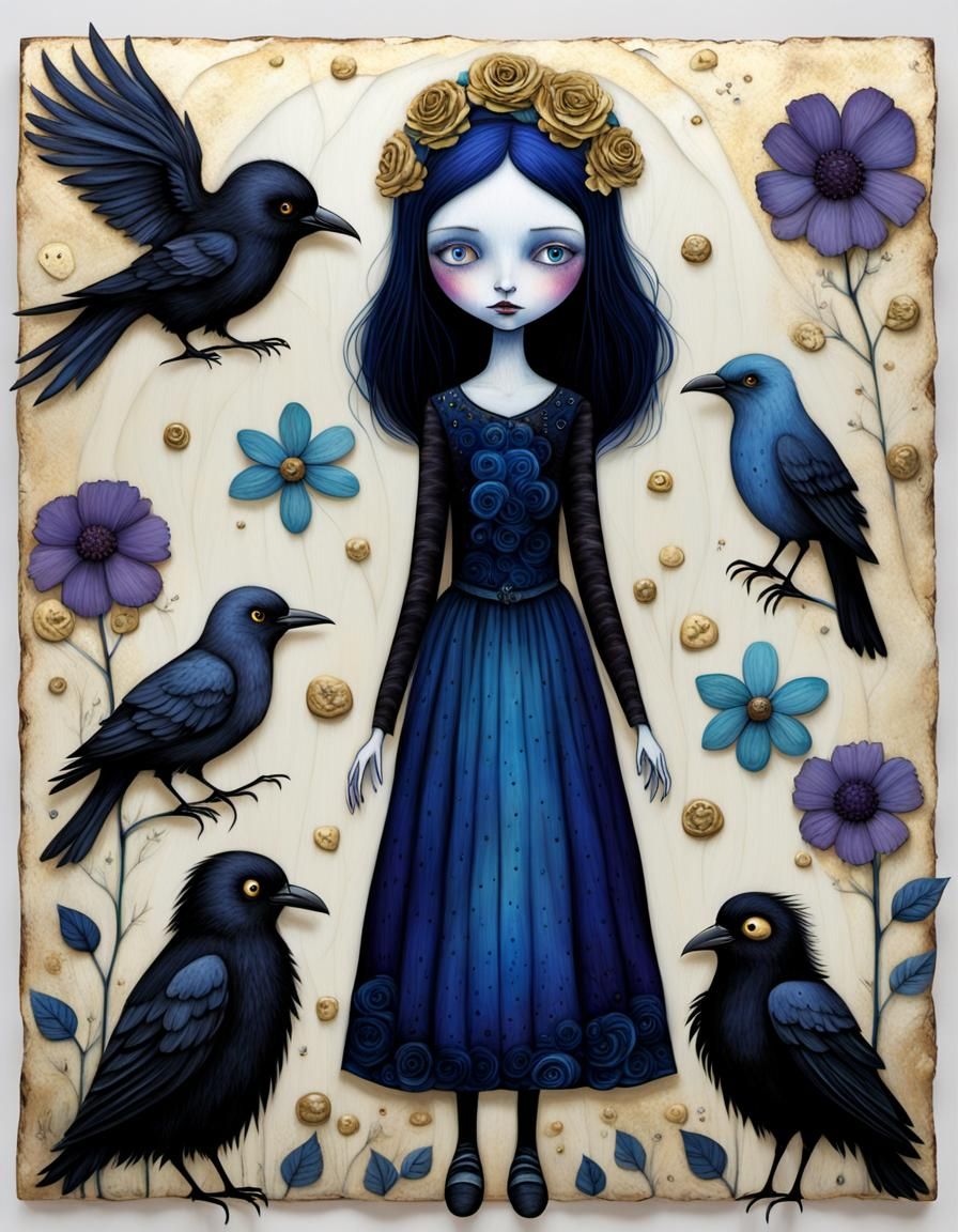 Gothic Whimsical Character in Encaustic Illustration Style