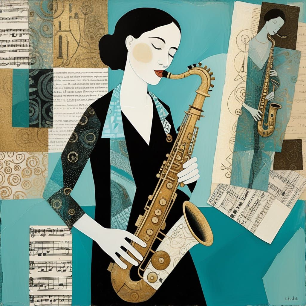 Saxophonist Portrait in Mixed-Media Collage